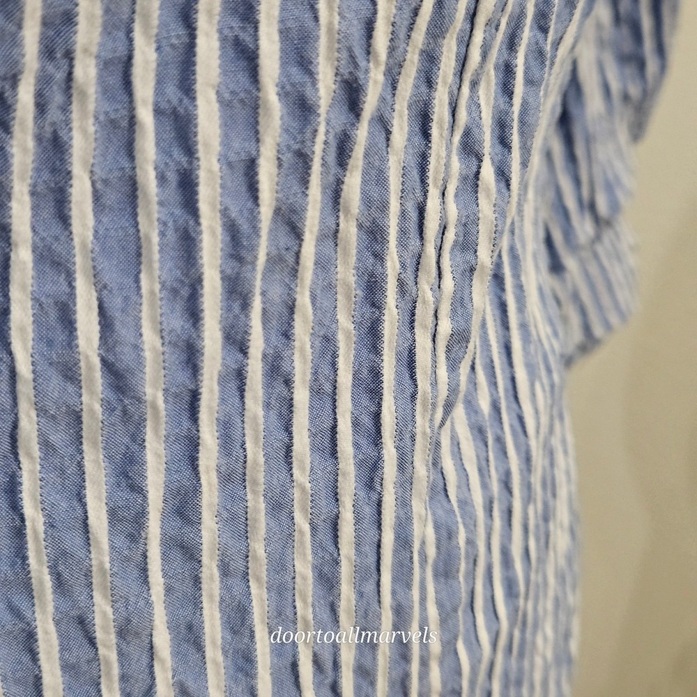 WHBM Seersucker Blouse Statement Ruffle Sleeve Smocked Waist Coastal sz 12 NWT - Picture 14 of 16